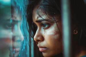 Portrait of sad beautiful woman crying and standing by the window photo