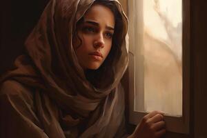 Portrait of sad beautiful woman crying and standing by the window photo