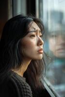 Portrait of sad beautiful woman crying and standing by the window photo
