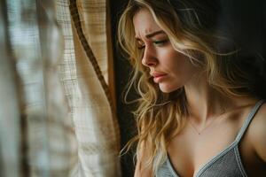 Portrait of sad beautiful woman crying and standing by the window photo