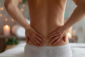 Individual experiencing lower back pain while receiving relaxation therapy at a spa photo