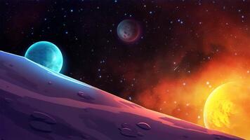 4K Animated Planetary Landscape with Multiple Planets and Colorful Starry Sky, Featuring Alien Terrain in a Magical Glowing Galaxy animation video