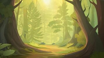 Animated Tranquil Forest Sunrise Scene with Lush Greenery and Tall Trees, Nature Background Animation video