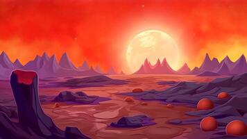 Animated Fiery Red Alien Landscape with Massive Glowing Sun and Strange Spherical Rocks, Space Planetary Desert Animation video