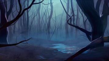 Animated moonlit spooky forest, dark misty woods with haunting scary smoke, and mysterious swamp reflection background animation video