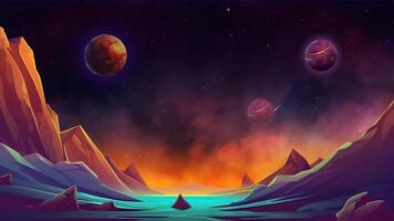 4K Animated Space Landscape with Three Floating Planets and Fiery Orange Sky over Alien Ocean, Fantasy Outer Space Cartoon Animation video