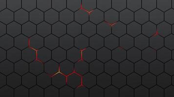 black hexagons with red glow. Black background of honeycombs and red lava. Pattern of geometric figure. Background of figures with six sides of red-hot magma. Grid sestet. Wall polygon. video
