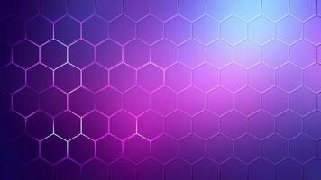 Multicolored hexagons with neon glow. Modern colorful geometric empty template. Blue pink hexagon background. Honeycomb gradient background. Loop fresh gamer pattern of figures with six sides. Grid video