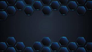 Blue hexagons with neon glow. Hexagon frame, geometric empty template. Honeycomb gradient background. Gaming pattern of figures with six sides. Grid sestet. Wall polygon. Intro, Screensaver. video