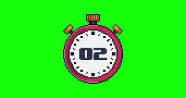 Animation of a red stopwatch counting down from five to zero in pixel art and 8-bit style on green background video
