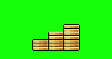 Animation of a stack of coins with upward arrow graphic in pixel art and 8-bit style on green background video