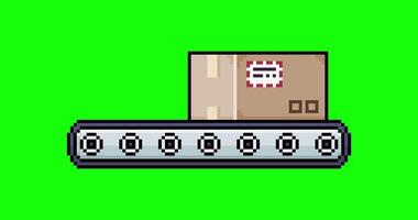 Animation of a conveyor belt moving a cardboard package in pixel art and 8-bit style on green background video