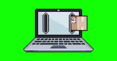 animação do uma computador portátil com uma moeda entrando 1 lado do a tela e uma pacote chegando Fora a de outros lado dentro pixel arte e 8 bits estilo em verde fundo video