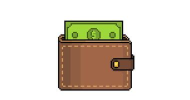 animação do dinheiro contas chegando Fora do uma couro carteira dentro pixel arte e 8 bits estilo video