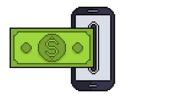 animação do dinheiro conta chegando Fora do célula telefone tela dentro pixel arte e 8 bits estilo video