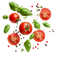 Flying ingredients of tomatoes basil and pepper transparent background png