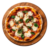 A pizza on a wooden plate with cheese and basil png