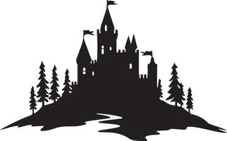 a castle in the woods with trees and a river vector