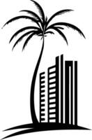 a palm tree and a building silhouette vector