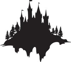 castle silhouette with trees and mountains vector