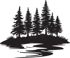 a silhouette of trees and water in the forest vector