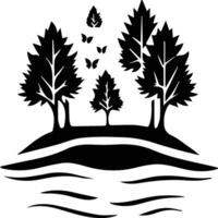 a black and white silhouette of trees and water vector