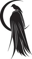 a black and white raven sitting on a crescent moon vector