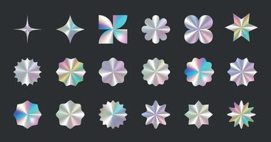 Foil design labels tags. Set of y2k hologram rainbow shiny emblems of various different shapes. Iridescent color holographic stickers. illustration vector