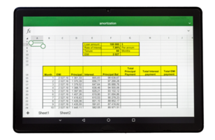 Shot of an excel sheet on tablet screen showing bank loan amortization table on the transparent background png