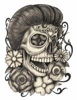 Fancy art skull and flowers design by hand drawing on paper make graphic .. vector