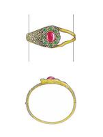 Modern gold bangle set with turquoise and ruby design by hand drawing on paper make graphic . vector