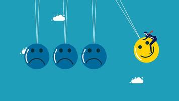 a man is hanging from a string of blue balloons emotion vector