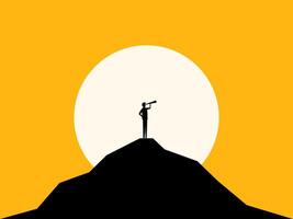 Vision, predict the future. Man looking at telescope on top of a high mountain vector