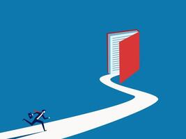 Learning something new. Businessman running to the open book door vector