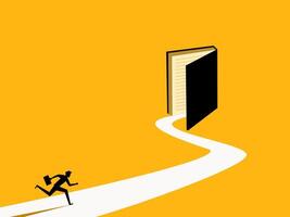 Determined to study and research. man running to the open book door vector