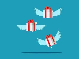 three flying gift boxes with red ribbon and wings vector