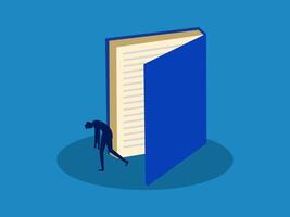 Exhausted from learning. man walking out of a large open book door vector