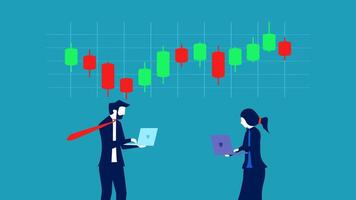 two people standing in front of a stock chart vector