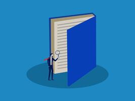 Find knowledge. Businessman standing reading a big open book vector