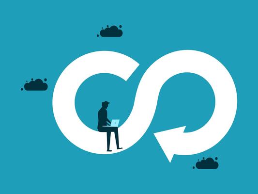 man sitting on a laptop in the middle of a circle with a cloud in the background