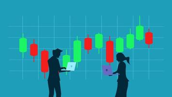 two people standing in front of a stock chart vector
