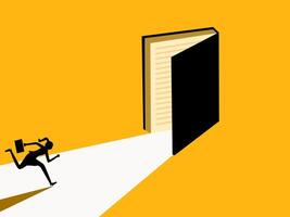 Determined to learn. woman running to the open book door vector