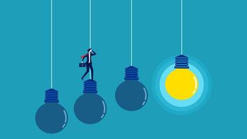businessman standing on a light bulb with a light bulb hanging from it vector