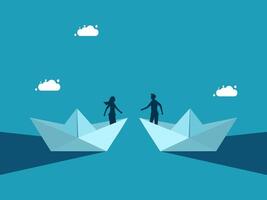 two people on paper boats with clouds in the background vector
