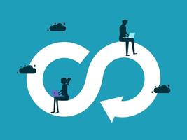 two people sitting on a laptop in front of a cloud vector