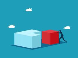 businessman pushing up a red cube with a blue cloud in the background vector