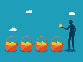 man holding a basket of gold coins and standing in front of a line of baskets vector
