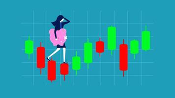 a woman standing on a bar chart with a red arrow vector