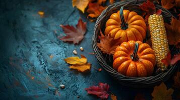 Dark background with a basket of harvest, featuring a place for text. Ideal for Thanksgiving-themed designs, invitations, and festive messages. photo