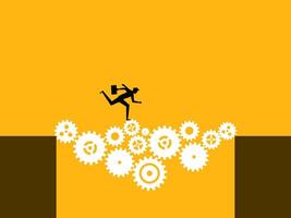 Overcoming the obstacle. Businessman runs through the gap with gears vector